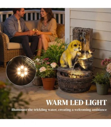 Outsunny Garden Water Feature with 3-Tier Rustic Puppy Design, Freestanding Resin with LED Lights, Adjustable Flow, Rustic Brown
