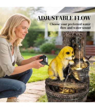 Outsunny Garden Water Feature with 3-Tier Rustic Puppy Design, Freestanding Resin with LED Lights, Adjustable Flow, Rustic Brown