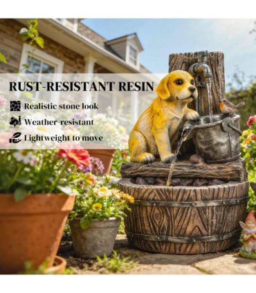 Outsunny Garden Water Feature with 3-Tier Rustic Puppy Design, Freestanding Resin with LED Lights, Adjustable Flow, Rustic Brown