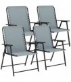 Outsunny Folding Garden Chairs Set of 4, Outdoor Dining Chairs with Wide Texteline Seat, High Back and Armrests, Light Grey