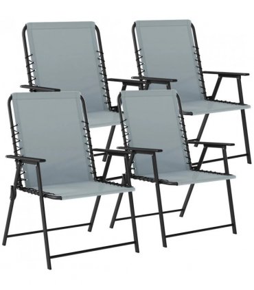 Outsunny Folding Garden Chairs Set of 4, Outdoor Dining Chairs with Wide Texteline Seat, High Back and Armrests, Light Grey