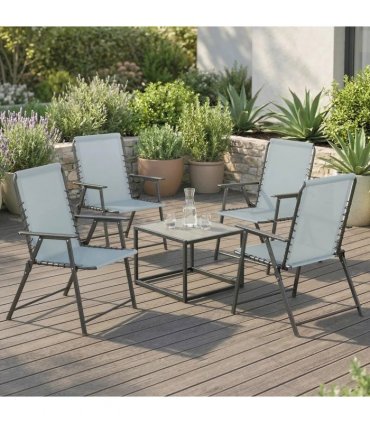 Outsunny Folding Garden Chairs Set of 4, Outdoor Dining Chairs with Wide Texteline Seat, High Back and Armrests, Light Grey