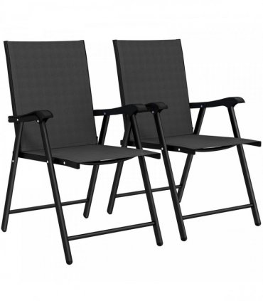 Outsunny Folding Garden Chairs Set of 2, Foldable Garden Dining Chairs with High Back, Armrests, Texteline Seat, Black