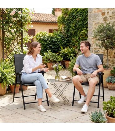 Outsunny Folding Garden Chairs Set of 2, Foldable Garden Dining Chairs with High Back, Armrests, Texteline Seat, Black