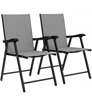 Outsunny Folding Garden Chairs Set of 2, Foldable Garden Dining Chairs with High Back, Armrests, Texteline Seat, Light Grey