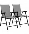 Outsunny Folding Garden Chairs Set of 2, Foldable Garden Dining Chairs with High Back, Armrests, Texteline Seat, Light Grey