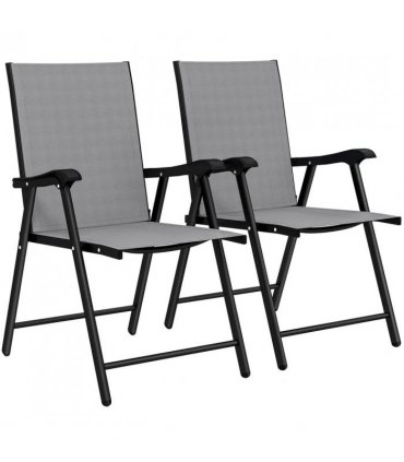 Outsunny Folding Garden Chairs Set of 2, Foldable Garden Dining Chairs with High Back, Armrests, Texteline Seat, Light Grey