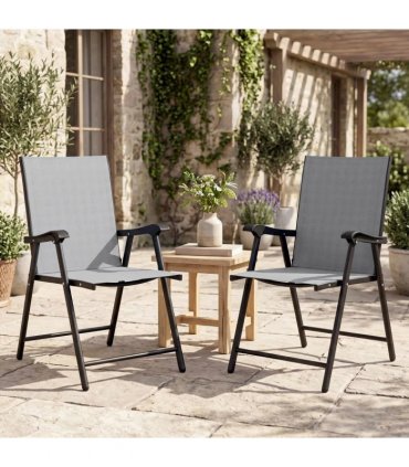 Outsunny Folding Garden Chairs Set of 2, Foldable Garden Dining Chairs with High Back, Armrests, Texteline Seat, Light Grey