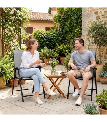 Outsunny Folding Garden Chairs Set of 2, Foldable Garden Dining Chairs with High Back, Armrests, Texteline Seat, Light Grey