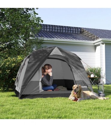 Outsunny Camping Tent, Easy Set Up 2-3 Man Tent with Sewn-in Groundsheet, 3000 mm Dome Tent w/ Mesh Windows, Dark Grey