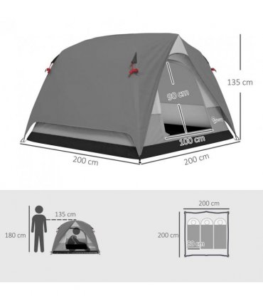 Outsunny Camping Tent, Easy Set Up 2-3 Man Tent with Sewn-in Groundsheet, 3000 mm Dome Tent w/ Mesh Windows, Dark Grey