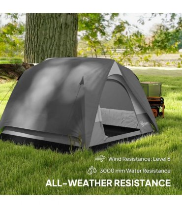 Outsunny Camping Tent, Easy Set Up 2-3 Man Tent with Sewn-in Groundsheet, 3000 mm Dome Tent w/ Mesh Windows, Dark Grey