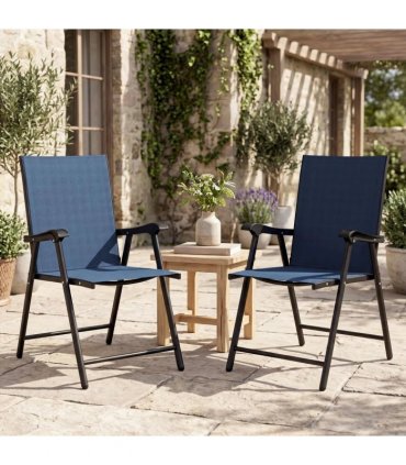Outsunny Folding Garden Chairs Set of 2, Foldable Garden Dining Chairs with High Back, Armrests, Texteline Seat, Navy Blue