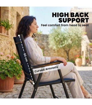 Outsunny Folding Garden Chairs Set of 2, Foldable Garden Dining Chairs with High Back, Armrests, Texteline Seat, Navy Blue