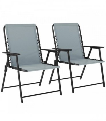 Outsunny Folding Garden Chairs Set of 2, Outdoor Dining Chairs with Wide Texteline Seat, High Back and Armrests, Light Grey
