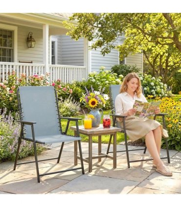 Outsunny Folding Garden Chairs Set of 2, Outdoor Dining Chairs with Wide Texteline Seat, High Back and Armrests, Light Grey