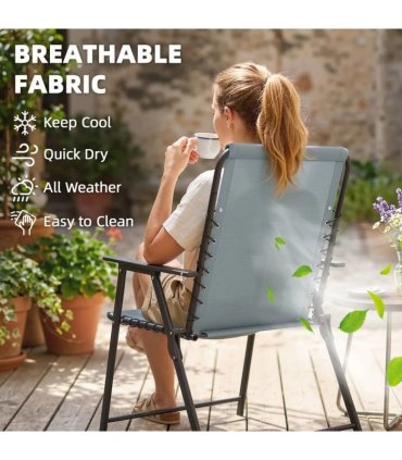 Outsunny Folding Garden Chairs Set of 2, Outdoor Dining Chairs with Wide Texteline Seat, High Back and Armrests, Light Grey