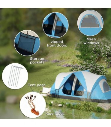 Outsunny Camping Tent for 6 Man with 2000mm Water Resistant Rainfly and Carry Bag for Fishing Hiking Festival, Sky Blue