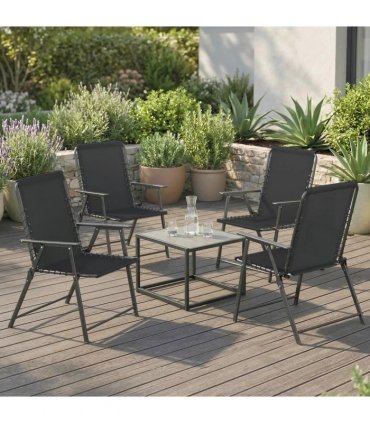 Outsunny Folding Garden Chairs Set of 4, Outdoor Dining Chairs with Wide Texteline Seat, High Back and Armrests, Black