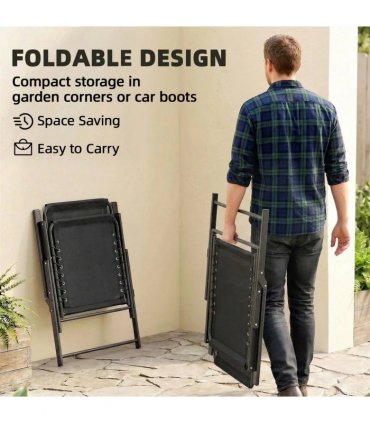 Outsunny Folding Garden Chairs Set of 2, Outdoor Dining Chairs with Wide Texteline Seat, High Back and Armrests, Black