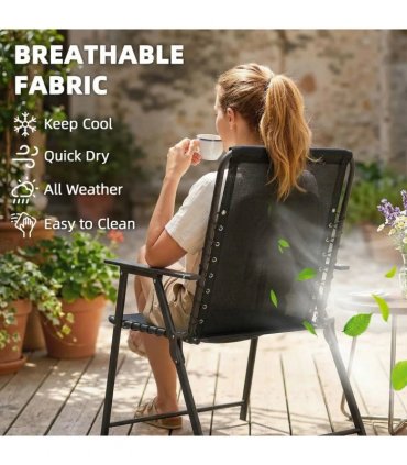 Outsunny Folding Garden Chairs Set of 2, Outdoor Dining Chairs with Wide Texteline Seat, High Back and Armrests, Black