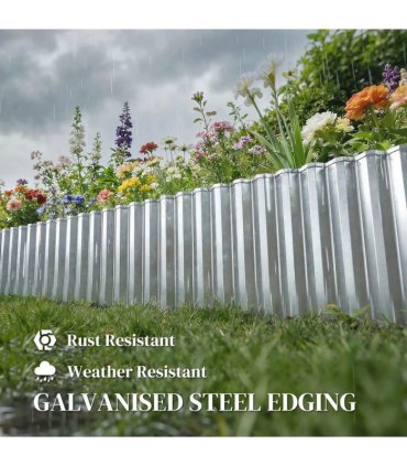 Outsunny Metal Garden Edging Border, 8 in x 21.3 ft Corrugated Heavy Duty Galvanised Steel Lawn Edging, Silver Tone