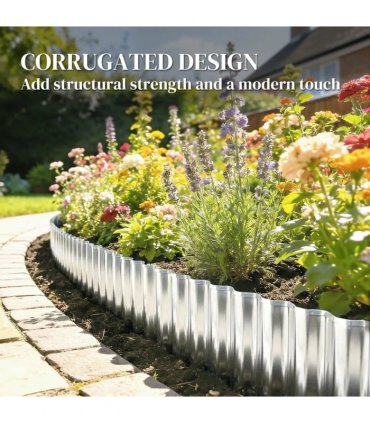 Outsunny Metal Garden Edging Border, 8 in x 21.3 ft Corrugated Heavy Duty Galvanised Steel Lawn Edging, Silver Tone