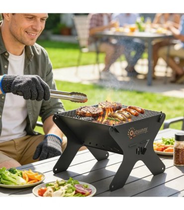 Outsunny 2-In-1 Portable BBQ Grill and Camping Fire Pit, Tabletop Charcoal Barbecue Grill with Gripper, Gloves and Carry Bag