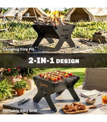 Outsunny 2-In-1 Portable BBQ Grill and Camping Fire Pit, Tabletop Charcoal Barbecue Grill with Gripper, Gloves and Carry Bag
