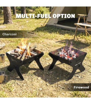 Outsunny 2-In-1 Portable BBQ Grill and Camping Fire Pit, Tabletop Charcoal Barbecue Grill with Gripper, Gloves and Carry Bag