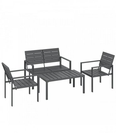 Outsunny 4 Piece Garden Furniture Set, Outdoor Sofa Set with HDPE Slatted Loveseat Armchairs Coffee Table Metal Frame, Dark Grey