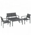 Outsunny 4 Piece Garden Furniture Set, Outdoor Sofa Set with HDPE Slatted Loveseat Armchairs Coffee Table Metal Frame, Dark Grey
