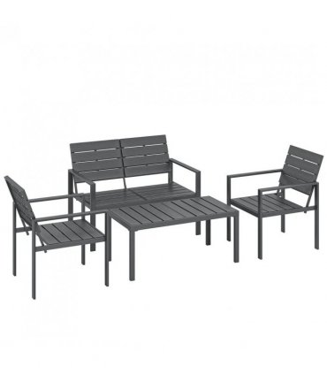 Outsunny 4 Piece Garden Furniture Set, Outdoor Sofa Set with HDPE Slatted Loveseat Armchairs Coffee Table Metal Frame, Dark Grey