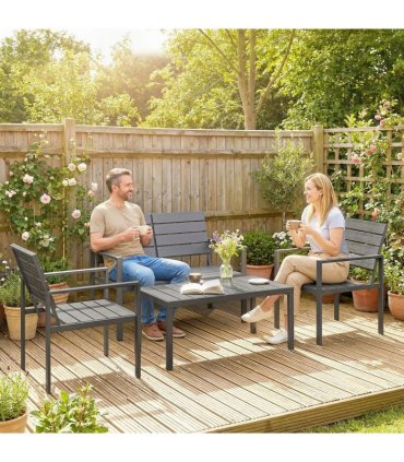 Outsunny 4 Piece Garden Furniture Set, Outdoor Sofa Set with HDPE Slatted Loveseat Armchairs Coffee Table Metal Frame, Dark Grey