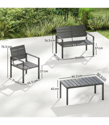 Outsunny 4 Piece Garden Furniture Set, Outdoor Sofa Set with HDPE Slatted Loveseat Armchairs Coffee Table Metal Frame, Dark Grey