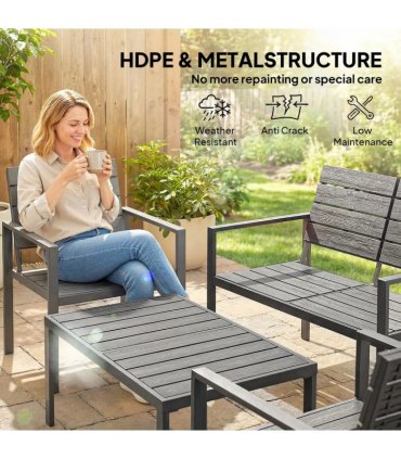 Outsunny 4 Piece Garden Furniture Set, Outdoor Sofa Set with HDPE Slatted Loveseat Armchairs Coffee Table Metal Frame, Dark Grey