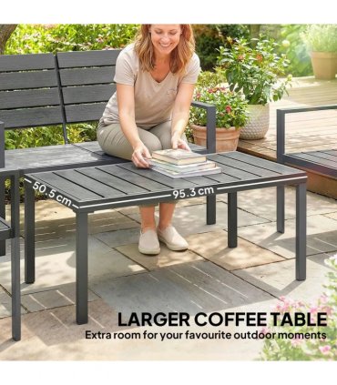 Outsunny 4 Piece Garden Furniture Set, Outdoor Sofa Set with HDPE Slatted Loveseat Armchairs Coffee Table Metal Frame, Dark Grey