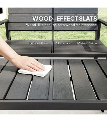 Outsunny 4 Piece Garden Furniture Set, Outdoor Sofa Set with HDPE Slatted Loveseat Armchairs Coffee Table Metal Frame, Dark Grey