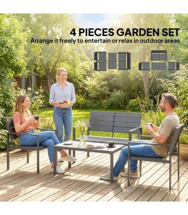 Outsunny 4 Piece Garden Furniture Set, Outdoor Sofa Set with HDPE Slatted Loveseat Armchairs Coffee Table Metal Frame, Dark Grey