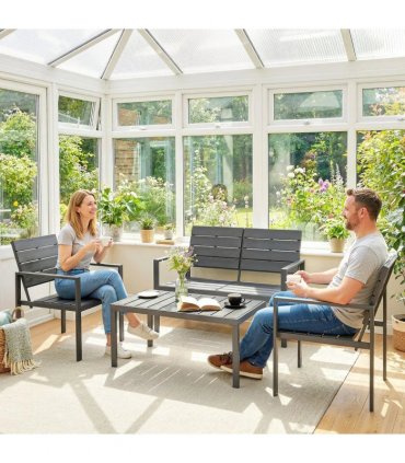 Outsunny 4 Piece Garden Furniture Set, Outdoor Sofa Set with HDPE Slatted Loveseat Armchairs Coffee Table Metal Frame, Dark Grey