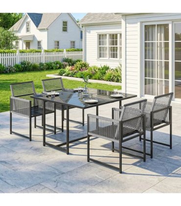 Outsunny 5 Pieces Garden Dining Set, Outdoor Patio Cube Set, 4 Seater Outdoor Table and Chairs with Foldable Backrest, Light Grey