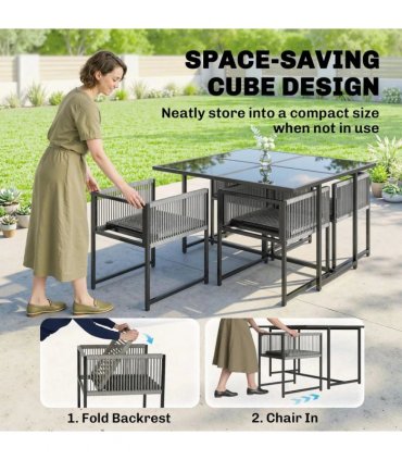Outsunny 5 Pieces Garden Dining Set, Outdoor Patio Cube Set, 4 Seater Outdoor Table and Chairs with Foldable Backrest, Light Grey