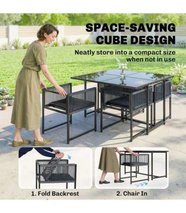 Outsunny 5 Pieces Garden Dining Set, Outdoor Patio Cube Set, 4 Seater Outdoor Table and Chairs with Foldable Backrest, Dark Grey