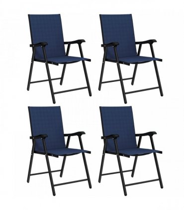 Outsunny Folding Garden Chairs Set of 4, Foldable Garden Dining Chairs with High Back, Armrests, Texteline Seat, Navy Blue