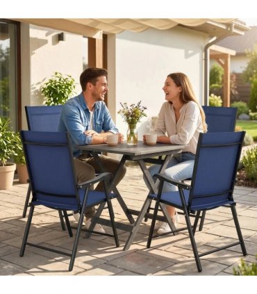 Outsunny Folding Garden Chairs Set of 4, Foldable Garden Dining Chairs with High Back, Armrests, Texteline Seat, Navy Blue
