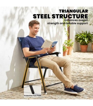 Outsunny Folding Garden Chairs Set of 4, Foldable Garden Dining Chairs with High Back, Armrests, Texteline Seat, Navy Blue