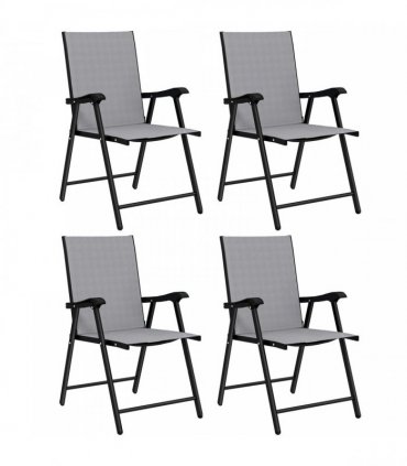 Outsunny Folding Garden Chairs Set of 4, Foldable Garden Dining Chairs with High Back, Armrests, Texteline Seat, Light Grey