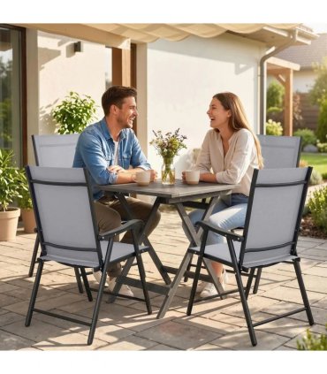 Outsunny Folding Garden Chairs Set of 4, Foldable Garden Dining Chairs with High Back, Armrests, Texteline Seat, Light Grey