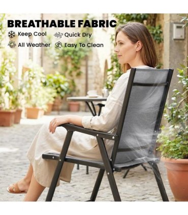 Outsunny Folding Garden Chairs Set of 4, Foldable Garden Dining Chairs with High Back, Armrests, Texteline Seat, Light Grey