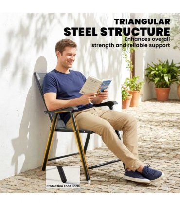 Outsunny Folding Garden Chairs Set of 4, Foldable Garden Dining Chairs with High Back, Armrests, Texteline Seat, Light Grey